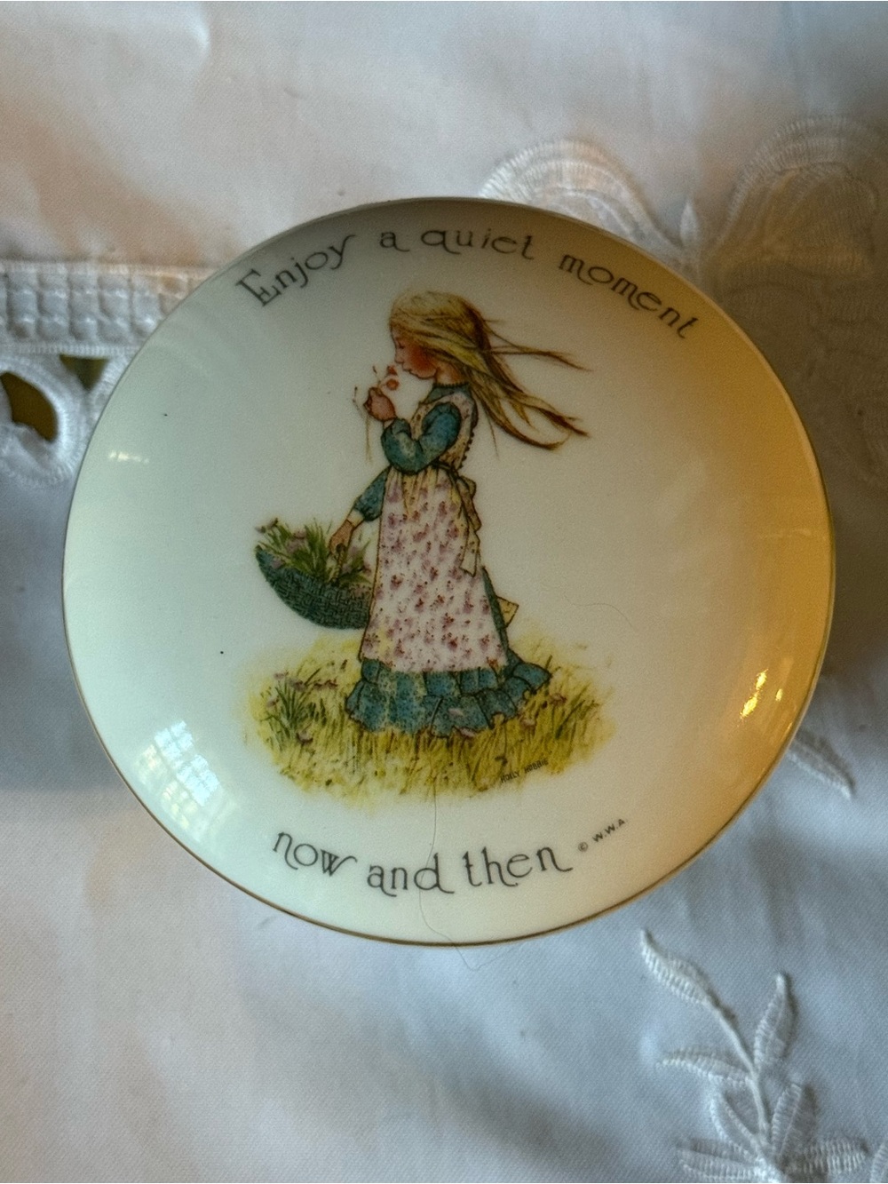 Vintage Footed Porcelain Trinket Box Holly Hobbie Style Made in Japan